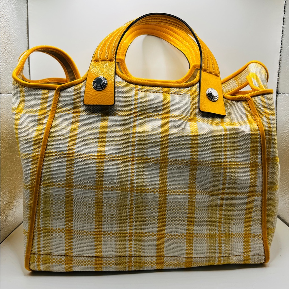 Tory Butch - Yellow and White Checkered Tote Bag with Leather Accents